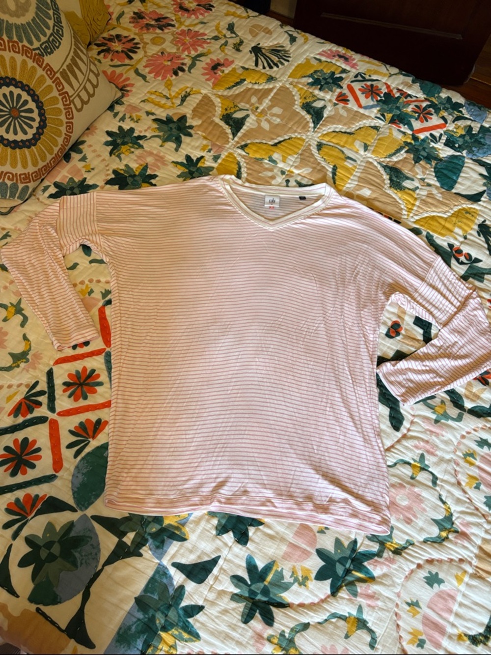 CAbi White and Pink Striped Top